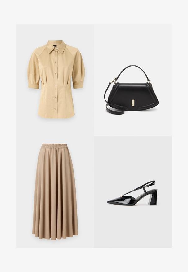 Beige košeľa na gombíky s krátkymi puff rukávmi, rozšířeným golierom a švovými detailmi. Vyrobená z hladkej látky s predným gombíkovým zapínaním.; Bežová maxi sukňa s elastickým pásom, vyrobená z jemnej tkaniny s voľným, skladaným dizajnom. Hladká textúra, jednotná farba.; Čierne patent leather sandále na vysokých opätkoch s ostrou špičkou, nastaviteľným popruhom a robustným obdĺžnikovým opätkom.; Čierna kožená kabelka so štruktúrovaným dizajnom, s krátkym tvarom, hornou rúčkou a zlatými prvkami. Súčasťou je nastaviteľný ramenný popruh.
