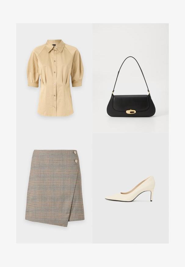 Bež košulja na gumbe s kratkim puff rukavima, raširenim ovratnikom i šavnim detaljima. Napravljena od glatkog materijala s prednjim zatvaranjem na gumbe.; Siva karirana omotana suknja s narančastim, smeškim i krem nijansama. Ima dva velika dugmeta kao naglasak na struku i uredan završetak.; Bijele visoke potpetice od kože s oštrom nožnom kapom, glatkom teksturom i crnim naglaskom na potplatu. Klasični dizajn s umjerenom visinom pete.; Crna kožna torba s zakrivljenim dizajnom, zlatnim detaljima i gornjom drškom. Ima elegantno zatvaranje i glatku teksturu.