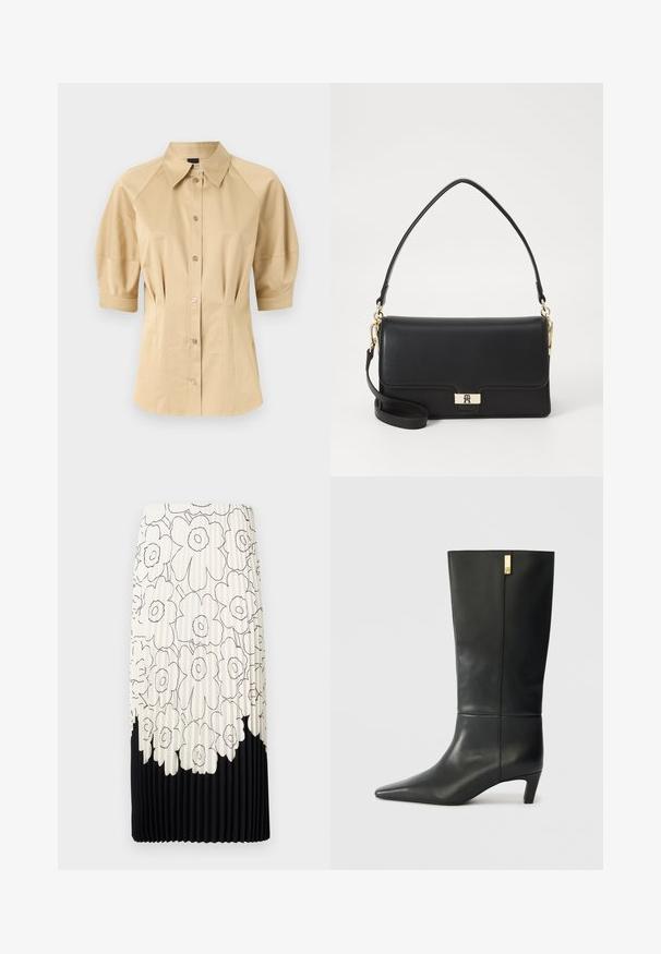 Beige button-up shirt with short puff sleeves, a spread collar, and seam detailing. Made of smooth fabric with front button closure.; Pleated skirt with a floral black and white pattern, featuring a light top half with flowers and a solid black bottom hem.; Black leather knee-high boot with a pointed toe and a small heel. Features a sleek design with a gold accent detail. Smooth texture.; Black leather handbag with a rectangular shape, featuring a gold clasp, top handle, and detachable shoulder strap. Smooth texture.