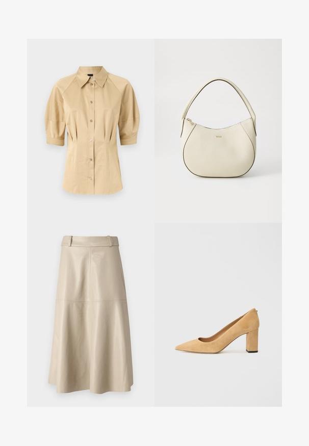 Beige knappskjorte med korte pufferm, spredd krage og sømdetaljering. Laget av glatt stoff med frontknapping.; Beige skinnederett midi med en glatt tekstur, bred midjebånd og flagrende kant; har sydd sømmer for ekstra detaljer.; Beige semskede høyhælte pumper med spiss tå og chunky blokkhels. Materialet har en myk tekstur med en jevn finish.; Kremfarget håndveske med teksturert overflate, buet form, kort håndtak og gullfarget logo. Glidelås lukking på toppen.