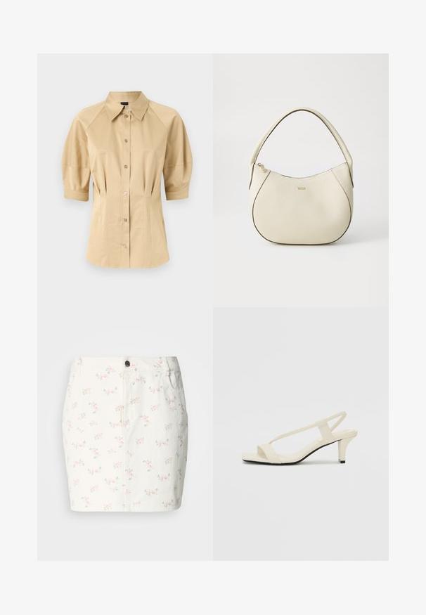Cămașă bej cu mâneci scurte tip puff, guler amplu și detalii pe cusături. Fabricată dintr-un material neted, cu închidere frontală cu nasturi.; Fustă din denim alb cu un model floral în nuanțe de roz și verde, având închidere cu nasturi în față și buzunare laterale. Design de lungime scurtă.; Sandale bej cu toc bloc, cu bretele subțiri și vârf pătrat. Material neted cu detalii minime, concepute pentru a fi ușor de purtat.; Geantă de mână de culoare crem, cu un finisaj texturat, formă curbată, mânere scurte și detalii cu logo auriu. Închidere cu fermoar în partea de sus.