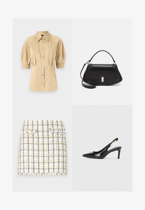 Bež košulja na gumbe s kratkim puff rukavima, raširenim ovratnikom i šavnim detaljima. Napravljena od glatkog materijala s prednjim zatvaranjem na gumbe.; Tweed mini suknja s višebojnom karičastom uzorkom, obrezanim rubom i dva metalna gumba na prednjoj strani.; Crna kožna salonka s visokim potpeticama i šiljastim vrhom, glatke teksture, s uskim remenom oko gležnja koji ima zlatne akcentne dijelove.; Crna kožna torba s strukturiranim dizajnom, s krojenim oblikom, gornjom drškom i zlatnim detaljima. Uključena je podesiva ramena traka.