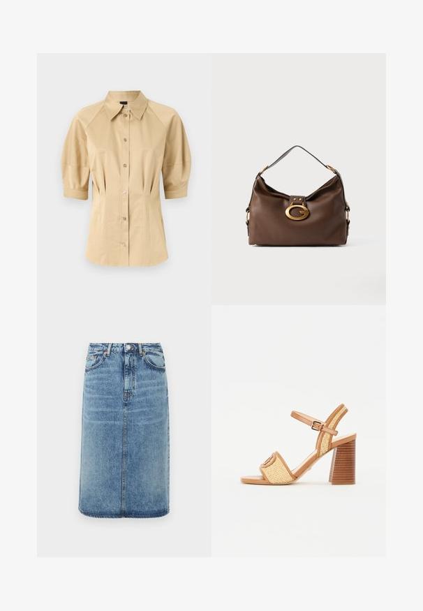 Beež pluus lühikeste puhv-sleeve'idega, laia kraega ja õmbluste detailidega. Valmistatud siledast kangast, ees nööbiga kinnitamine.; Heled sinine teksaseelik. Omab sirget siluetti, viit taskut ja nupuga kinnitamist vöödümbristega. Kulunud tekstuuri aktsendid.; Pruun nahast ja kootud õlgedest kontsakingad, millel on pahkluu rihm, avatud varvas ja tumesinine puidust stiilis konts, millel on horisontaalsed triibud.; Pruun naha kott tekstuuriga pinnaga, millel on kuldse tooni sulgur ja ühekordne, kaardus õlarihm.