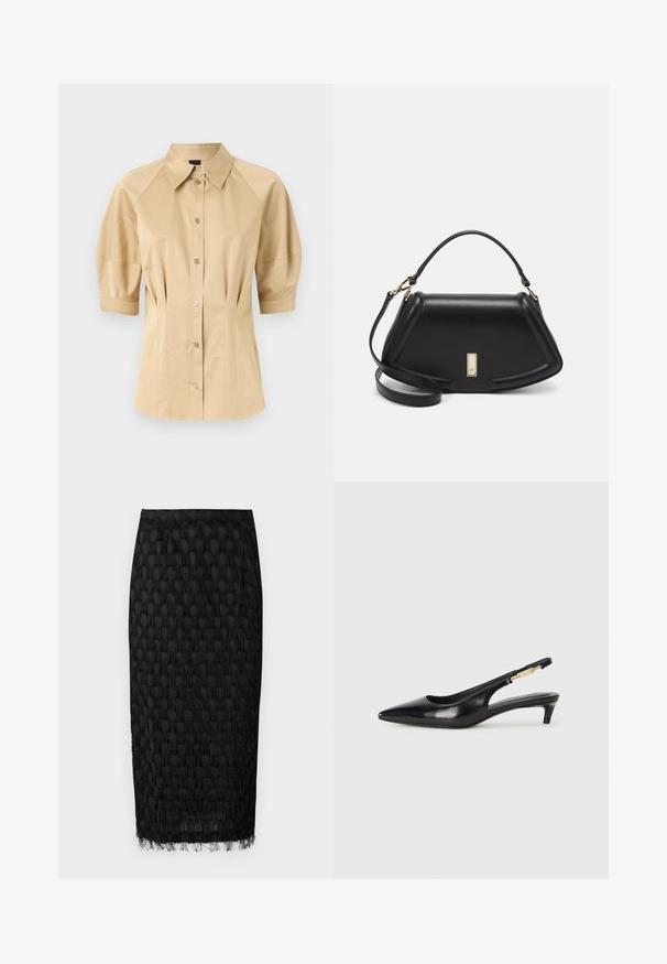 Beige button-up shirt with short puff sleeves, a spread collar, and seam detailing. Made of smooth fabric with front button closure.; Black midi skirt featuring a textured pattern with fringed detailing along the hem. Made of lightweight fabric, it has a fitted silhouette.; Black leather slingback heels with a pointed toe, featuring a slim heel and a gold-tone accent on the adjustable strap. Smooth texture.; Black leather handbag with a structured design, featuring a cropped shape, top handle, and gold hardware accent. Adjustable shoulder strap included.