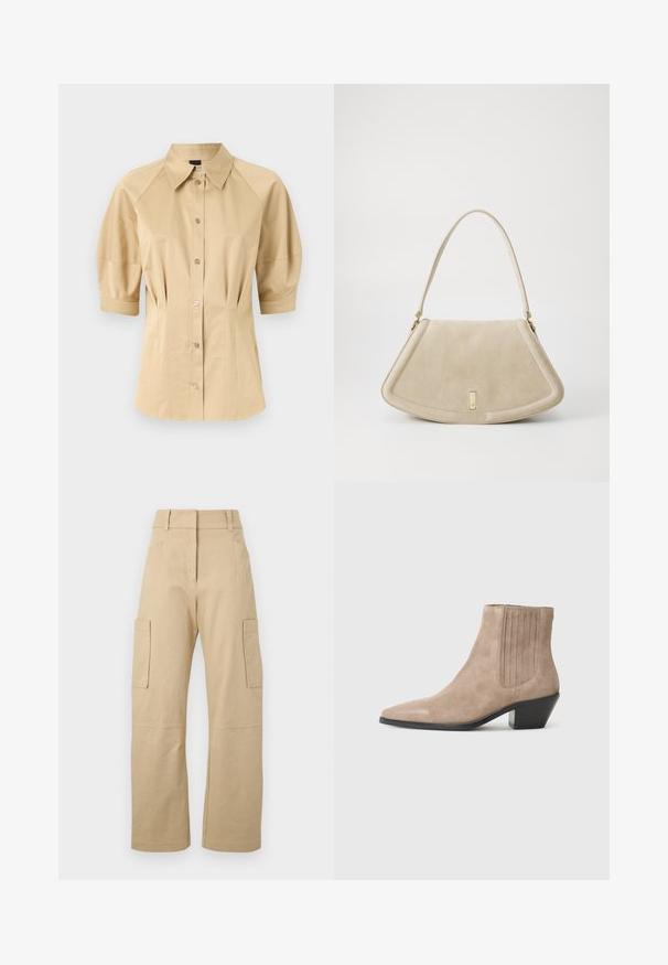 Beige button-up shirt with short puff sleeves, a spread collar, and seam detailing. Made of smooth fabric with front button closure.; Beige cargo pants made of cotton, featuring a high waist, wide legs, two side pockets, and two large cargo pockets on the thighs.; Beige suede ankle boot with a pointed toe and molded heel, featuring vertical stitching accents on the sides.; Beige suede handbag with a rounded triangular shape, a single strap, and a gold-tone hardware accent on the front.