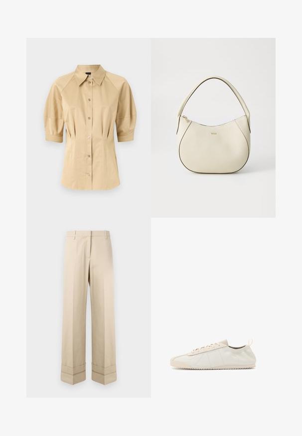 Cămașă bej cu mâneci scurte tip puff, guler amplu și detalii pe cusături. Fabricată dintr-un material neted, cu închidere frontală cu nasturi.; Pantaloni bej cu o croială dreaptă, având un manșon dublu la tiv și un design cu față plată. Fabricat dintr-un material neted și durabil.; Tenis din piele crem cu vârf rotund, design cu șireturi, accente texturate și talpă din cauciuc texturată cu un model de tracțiune în zigzag.; Geantă de mână de culoare crem, cu un finisaj texturat, formă curbată, mânere scurte și detalii cu logo auriu. Închidere cu fermoar în partea de sus.
