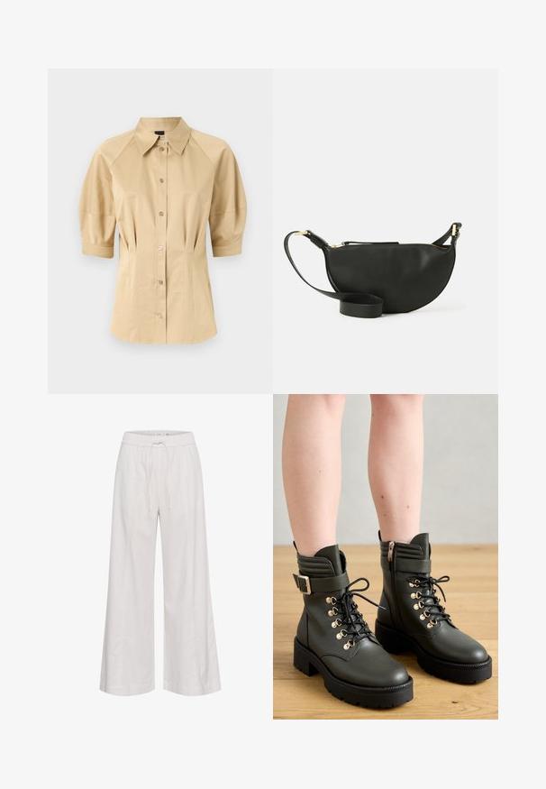 Bēša pogu krekls ar īsām pūkām, izplestu kaklu un šuvju detalizāciju. Izgatavots no gludas auduma ar priekšējo pogu aizdari.; Plati, brīvi pieguļoši bikses izgatavotas no mīksta baltā auduma, ar elastīgu jostu un auklu, gluda tekstūra un bez papildu aksesuāriem.; Tumši zaļi potīšu zābaki no gludas ādas, ar auklām, zelta krāsas acīm un sānu rāvējslēdzēju, ar masīvu melnu zoli ar profilu.; Melnas ādas plecu soma ar pusmēness formu, teksturētu virsmu, zelta rāvējslēdzēju un plakanu siksnu. Kompakts dizains, kas piemērots svarīgākajām lietām.