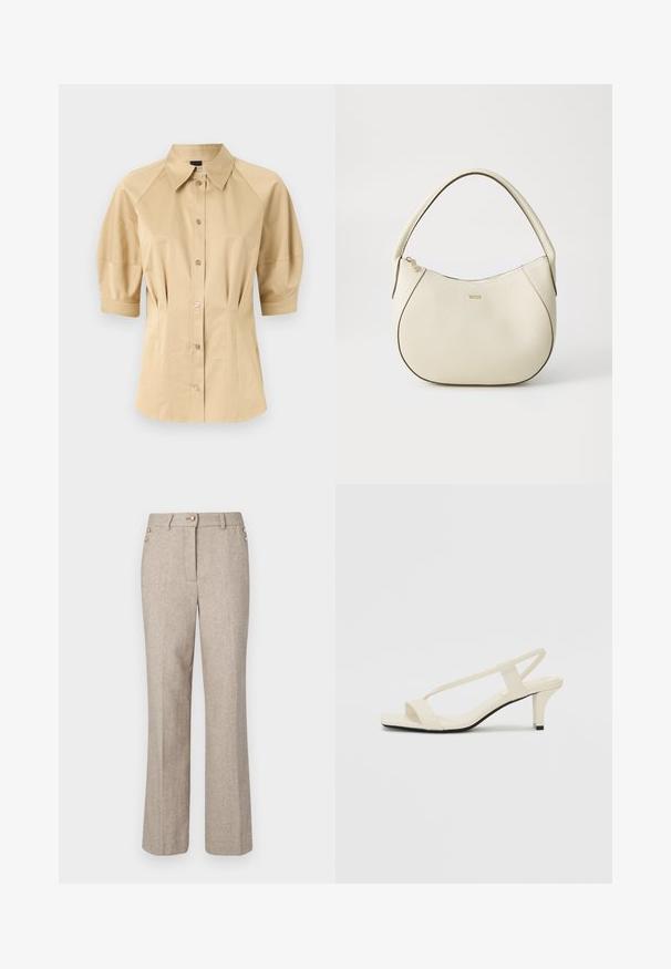 Beige knappskjorte med korte pufferm, spredd krage og sømdetaljering. Laget av glatt stoff med frontknapping.; Beige herringbone-bukser med lige ben, prydet med to guldknapdetaljer i taljen og et glat, struktureret stof.; Beige blokk-høydesandaler med tynne stropper og firkantet tå. Glatt materiale med minimale detaljer, designet for enkel bruk.; Kremfarget håndveske med teksturert overflate, buet form, kort håndtak og gullfarget logo. Glidelås lukking på toppen.