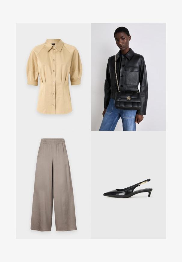 Beige blouse met korte pofmouwen, een gespreide kraag en naaddetails. Gemaakt van een gladde stof met een knoopsluiting aan de voorkant.; Wijdvallende broek in licht taupe stof met een elastische tailleband, met een zachte textuur en een minimalistisch ontwerp.; Zwarte leren slingback hakken met een spitse neus, voorzien van een slanke hak en een goudkleurige accent op de verstelbare band. Gladde textuur.; Zwarte leren jack met knoopsluiting en twee voorzakken, gecombineerd met een zwarte gevoerde handtas met een gouden sluiting en kettingriem.