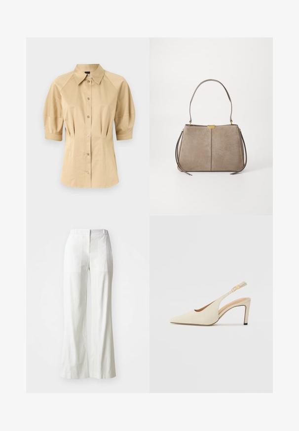 Beige knappskjorte med korte pufferm, spredd krage og sømdetaljering. Laget av glatt stoff med frontknapping.; Hvite, høyt midjer, vide bukser laget av lett stoff. Har flat front, baklommer og et rent, enkelt design.; Beige lærremmidheler med spiss tå, åpen sidestruktur og slank høy hæl. Har et gullakcent på stroppen.; Tommy Hilfiger CASUAL SHOULDER BAG - Håndveske - coastal taupe