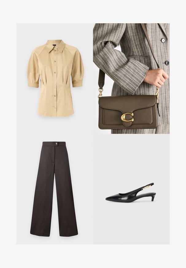 Šviesiai ruda marškinėliai su trumpomis pūstomis rankovėmis, plačiu kalnieriu ir siūlių detalizavimu. Pagaminti iš lygaus audinio, su priekiu užsegamais mygtukais.; Juodos plačios kojos kelnės su lygiu paviršiumi, turinčios priekį užsegamą mygtuką ir švarų, paprastą dizainą. Nėra matomų raštų ar akcentų.; Juodas odinis pavasario batelių modelis su smailiu nosiu, turintis siaurą kulniuką ir auksinės spalvos akcentu reguliuojamoje juostoje. Lygi tekstūra.; COACH TABBY SHOULDER BAG 26 - Rankinė - dark stone