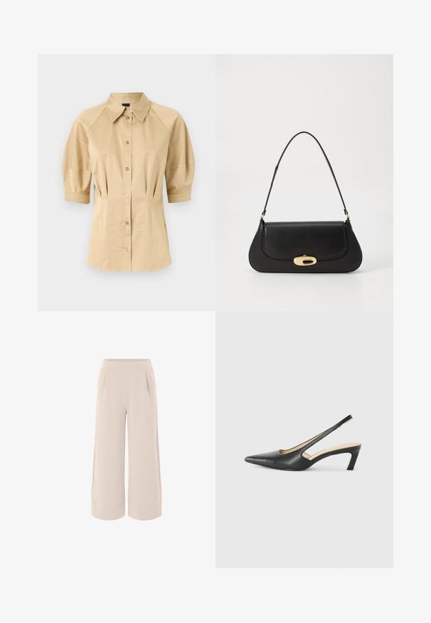 Beige button-up shirt with short puff sleeves, a spread collar, and seam detailing. Made of smooth fabric with front button closure.; Beige wide-leg trousers with a smooth texture, an elastic waistband, and two side pockets. The cuffs are rolled for added detail.; Black pointy-toed slingback shoe with a low heel, featuring smooth leather material and cut-out design on the side for breathability.; Black leather handbag with a curved design, gold-tone hardware, and a top handle. Features a sleek closure and smooth texture.