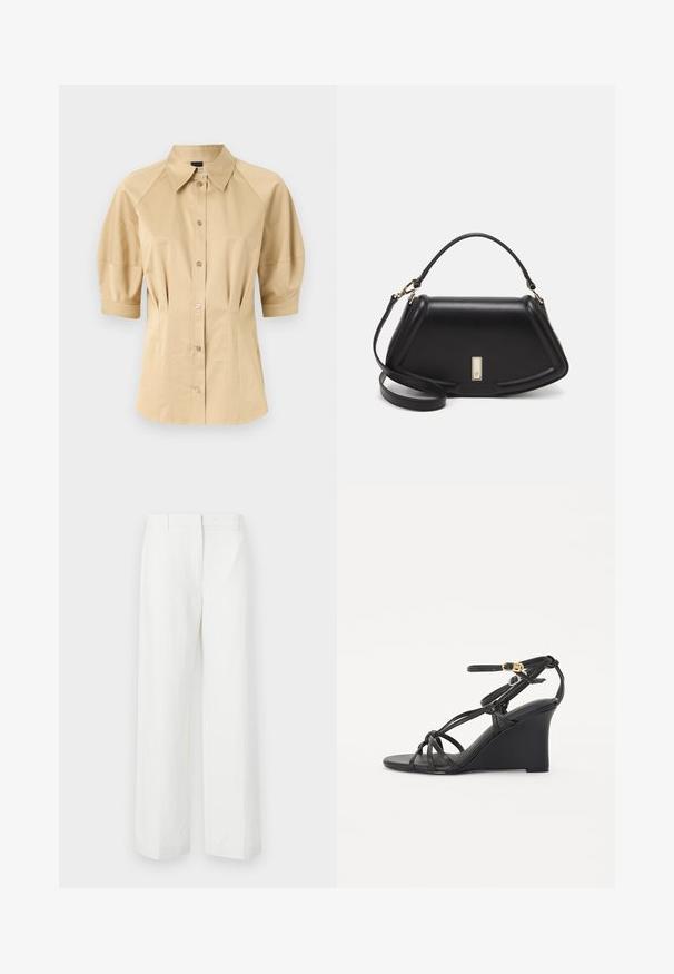 Chemise beige à boutons avec des manches courtes bouffantes, un col évasé et des détails de couture. Fabriquée en tissu lisse avec une fermeture à boutons sur le devant.; Pantalons blancs à jambes larges avec une texture lisse, présentant un devant plat et des plis marqués. Fabriqués en tissu léger, sans motifs visibles.; Sandales en wedge noires avec de fines lanières croisées et une sangle de cheville réglable avec une boucle dorée. Finition en cuir lisse.; Sac à main en cuir noir avec un design structuré, featuring une forme cropped, une poignée supérieure et des accents en matériel doré. Bandoulière réglable incluse.