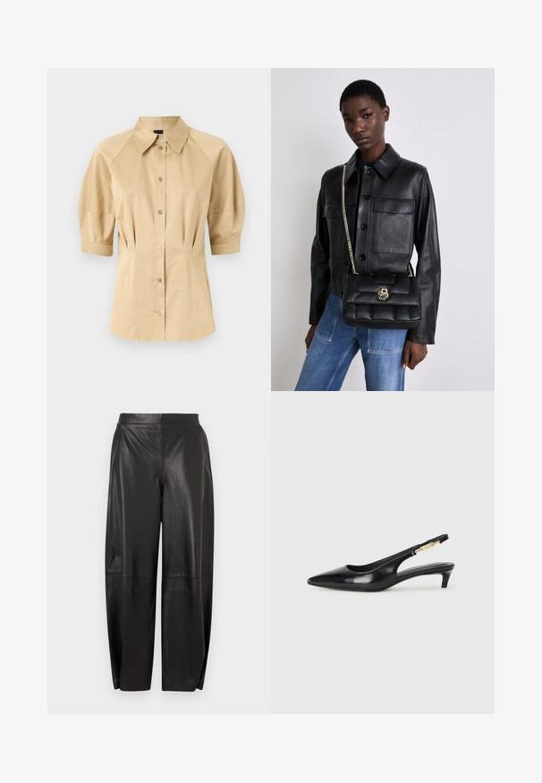 Beige košeľa na gombíky s krátkymi puff rukávmi, rozšířeným golierom a švovými detailmi. Vyrobená z hladkej látky s predným gombíkovým zapínaním.; Čierne kožené nohavice s voľným strihom, zdobené šitými detailmi a širokým pásom. Hladká textúra a rovné nohavice.; Čierne kožené slingback opätky s špicatou špičkou, s úzkym opätkom a zlatým detailom na nastaviteľnom remienku. Hladká textúra.; Čierna kožená bunda so zapínaním na gombík a dvoma prednými vreckami, skombinovaná s čiernou prešívanou kabelkou so zlatou sponou a reťazovým popruhom.
