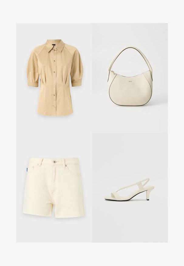 Šviesiai ruda marškinėliai su trumpomis pūstomis rankovėmis, plačiu kalnieriu ir siūlių detalizavimu. Pagaminti iš lygaus audinio, su priekiu užsegamais mygtukais.; Kreminės džinsinio audinio šortai su tiesia sijone, turintys priekinį užsegimą su kniedėmis ir penkių kišenių dizainą. Tekstūruotas audinys su siuvinėjimo detalėmis.; Kreminės blokų kulno šlepetės su plonomis dirželiais ir kvadratiniu pirštu. Lygus medžiaga su minimaliais akcentais, sukurtos lengvam dėvėjimui.; Grietos spalvos rankinė su tekstūruotu paviršiumi, kreivos formos, trumpa rankena ir auksinės spalvos logotipo detalė. Užtrauktuko uždarymas viršuje.