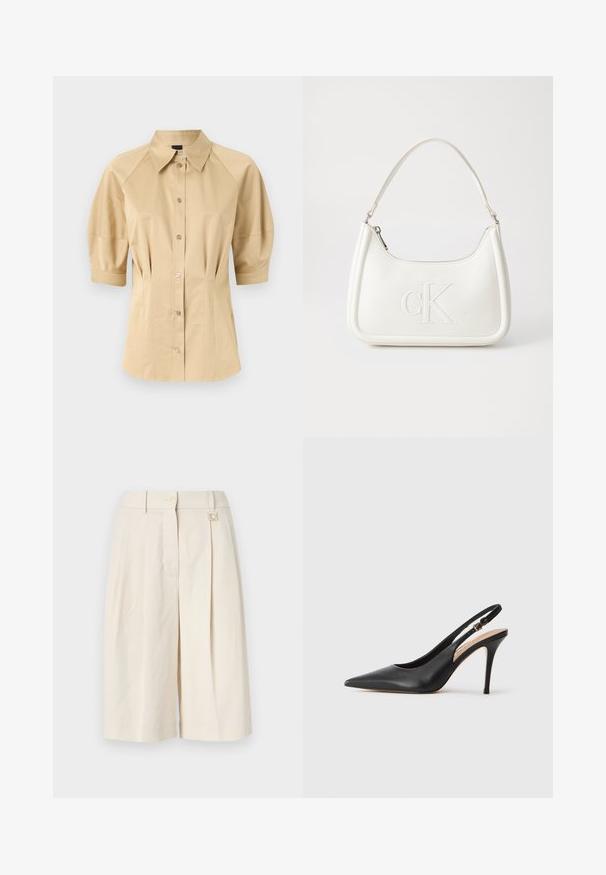Beige košeľa na gombíky s krátkymi puff rukávmi, rozšířeným golierom a švovými detailmi. Vyrobená z hladkej látky s predným gombíkovým zapínaním.; Béžové prispôsobené šortky s plisovaným dizajnom, so zapínaním na gombík a Kovovým doplnkom. Vyrobené z ľahkej tkaniny s hladkou textúrou.; Čierna kožená sandálová topánka na vysokom podpätku s špicatou špičkou, hladkou textúrou a jemným remienkom s kovovou sponou.; Biela kožená kabelka s zakriveným tvarom, na prednej strane s embosovaným logom "CK" a jedným ramenným popruhom. Zipsové zapínanie navrchu.