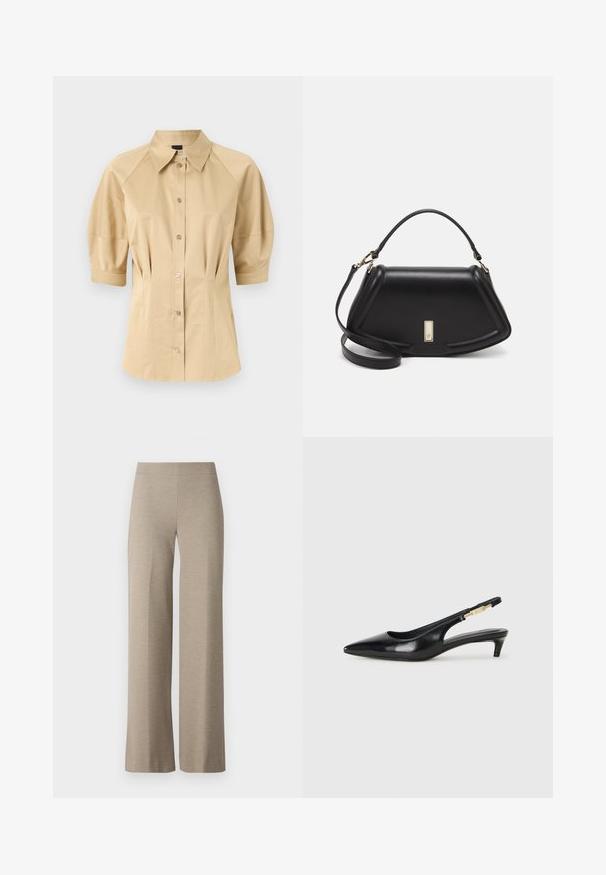 Bež košulja na gumbe s kratkim puff rukavima, raširenim ovratnikom i šavnim detaljima. Napravljena od glatkog materijala s prednjim zatvaranjem na gumbe.; Bež hlače širokih nogavica izrađene od teksturirane tkanine, s visokim strukom i bez vidljivih kopčanja ili džepova. Glatka, krojena silueta.; Crne kožne sandale s petom, s izduženim vrhom, imaju usku petu i zlatni akcent na podesivoj traci. Glatka tekstura.; Crna kožna torba s strukturiranim dizajnom, s krojenim oblikom, gornjom drškom i zlatnim detaljima. Uključena je podesiva ramena traka.