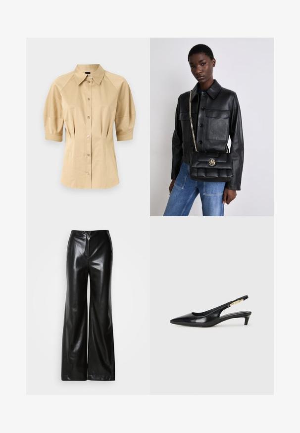 Beež pluus lühikeste puhv-sleeve'idega, laia kraega ja õmbluste detailidega. Valmistatud siledast kangast, ees nööbiga kinnitamine.; Mustmustest mustjalad siledast tekstuurist, kõrge vöökoht ja peidetud eesmine tõmblukk. Üksikasjalik sobivus ja puhas viimistlus.; Mustad nahast slingback kontsad terava ninaga, millel on õhuke konts ja kuldse tooni aktsent reguleeritaval rihmal. Sile tekstuur.; Mustmust nahkjakks, millel on nööbiga sulgemine ja kaks esikot, koos musta tikandiga käekotiga, millel on kuldne klamber ja ahelrihm.