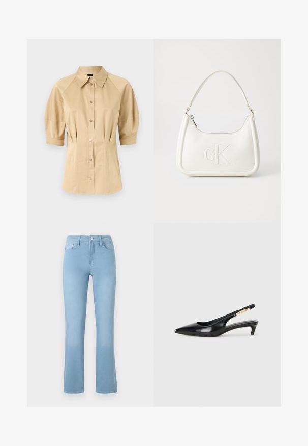 Beige button-up shirt with short puff sleeves, a spread collar, and seam detailing. Made of smooth fabric with front button closure.; Light blue flared jeans made of denim with a high waist, five-pocket design, and a button closure at the front. Smooth texture throughout.; Black leather slingback heels with a pointed toe, featuring a slim heel and a gold-tone accent on the adjustable strap. Smooth texture.; White leather handbag with a curved shape, featuring an embossed "CK" logo on the front and a single shoulder strap. Zipper closure at top.