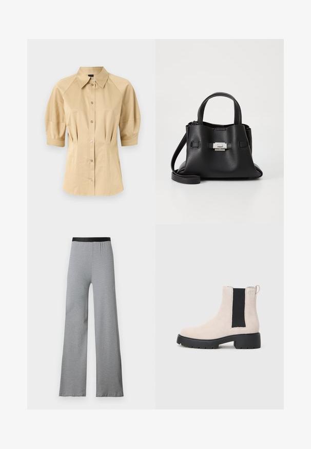Beige skjorta med kort puffärm, spridd krage och sömdekorationer. Tillverkad av slät tyg med knäppning fram.; Svart och vitrandiga utsvängda byxor med en smidig elastisk midja. Lättviktig tyg, med horisontellt mönster genom hela.; Beige mockaskläder Chelsea stövlett med svart elastisk sidopanel, kraftig svart sula och dragflik vid ankeln.; Svart läderhandväska med en texturerad yta, utrustad med två ovandelar, en avtagbar axelrem och en detalj med silverlås.