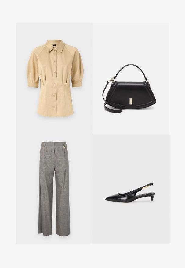 Bež srajca s kratkimi pihastimi rokavi, razpršeno ovratnikom in šivalnimi detajli. Narejena iz gladkega materiala s sprednjim gumbom.; Sive karočaste široke hlače z visokim pasom, sprednjimi gubami in poudarkom iz zlatih tonov na pasu. Struktura tkanine.; Črne usnjene sandale na peto z ostro konico, ki imajo tanko peto in zlat ton na nastavljivem traku. Gladka tekstura.; Črna usnjena torbica s strukturnim dizajnom, ki ima skrajšano obliko, zgornji ročaj in zlate dodatke. Vključena je nastavljiva ramenska naramnica.