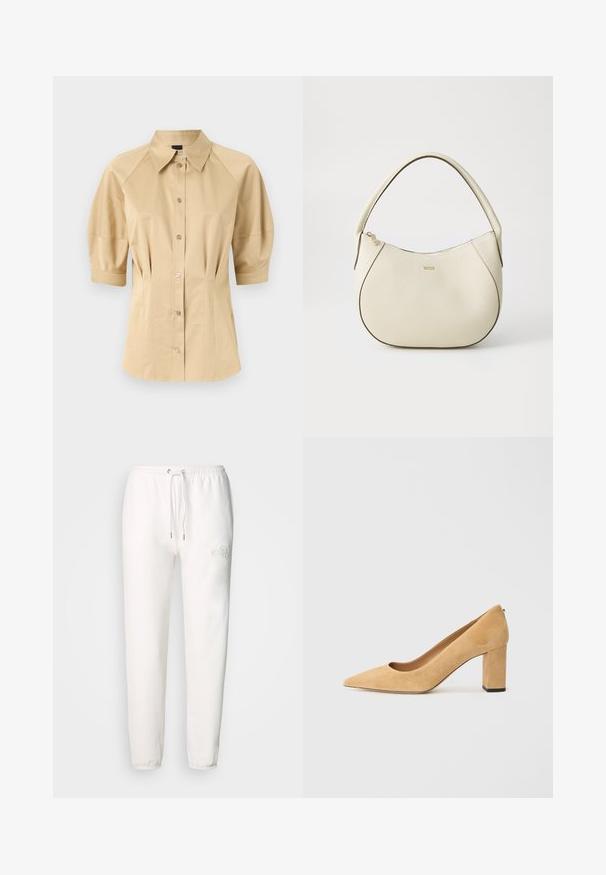 Beige button-up shirt with short puff sleeves, a spread collar, and seam detailing. Made of smooth fabric with front button closure.; White sweatpants made of soft fabric, featuring a drawstring waist and embroidered logo on the left thigh. Tapered leg design.; Beige suede high-heeled pump with a pointed toe and a chunky block heel. The material has a soft texture with a smooth finish.; Cream-colored handbag with a textured finish, curved shape, short handle, and gold-tone logo detail. Zipper closure at the top.