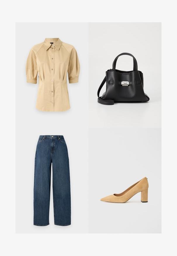 Beige košeľa na gombíky s krátkymi puff rukávmi, rozšířeným golierom a švovými detailmi. Vyrobená z hladkej látky s predným gombíkovým zapínaním.; Široké denimové džínsy v tmavomodrej farbe. Vyrobené z pevnej bavlny s hladkou textúrou. Obsahujú zapínanie na gombík a klasický dizajn s piatimi vreckami.; Béžové semišové lodičky na vysokom podpätku s špicatou špičkou a robustným blokovým podpätkom. Materiál má jemnú textúru s hladkým povrchom.; Čierna kožená kabelka s textúrovaným povrchom, ktorá má dve vrchné rukoväte, odnímateľný popruh cez rameno a strieborný uzáver.