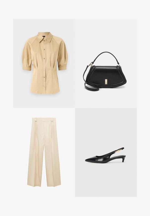 Camisa beige de botones con mangas cortas abullonadas, cuello extendido y detalles en las costuras. Fabricada con un tejido suave y cierre delantero de botones.; Mango Pantalones - beige; Tacones negros de piel sintética tipo slingback con punta afilada, que cuentan con un tacón delgado y un detalle en tono dorado en la correa ajustable. Textura suave.; Bolso de mano de cuero negro con un diseño estructurado, que presenta una forma recortada, asa superior y acentos en dorado. Correa de hombro ajustable incluida.