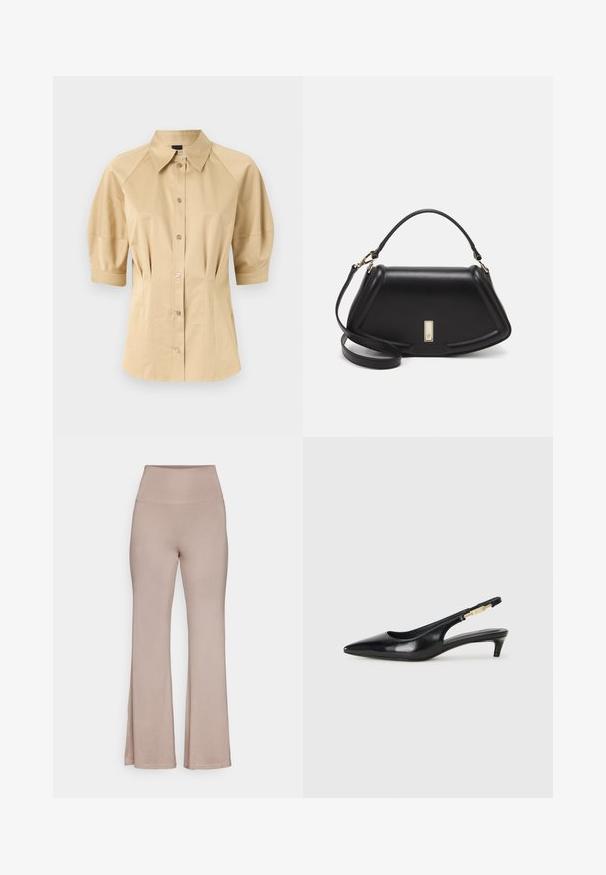 Bež srajca s kratkimi pihastimi rokavi, razpršeno ovratnikom in šivalnimi detajli. Narejena iz gladkega materiala s sprednjim gumbom.; Visoko pasu, svetlo bež flared hlače, izdelane iz mehkega materiala z gladko teksturo in brez vidnih vzorcev ali kovinskih detajlov.; Črne usnjene sandale na peto z ostro konico, ki imajo tanko peto in zlat ton na nastavljivem traku. Gladka tekstura.; Črna usnjena torbica s strukturnim dizajnom, ki ima skrajšano obliko, zgornji ročaj in zlate dodatke. Vključena je nastavljiva ramenska naramnica.