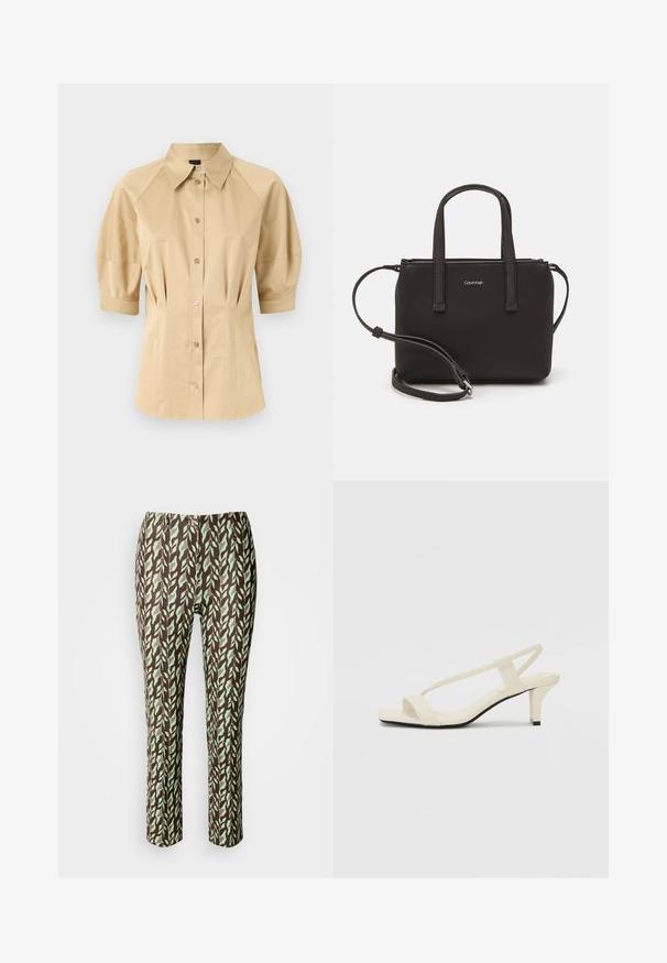 Beige košeľa na gombíky s krátkymi puff rukávmi, rozšířeným golierom a švovými detailmi. Vyrobená z hladkej látky s predným gombíkovým zapínaním.; Hnedé a zelené vzorované nohavice so vzorom listov, priliehavý strih, hladká textúra a bez viditeľných zapínaní alebo vreciek.; Béžové sandále na blokovom podpätku s tenkými pásikmi a štvorcovou špičkou. Hladký materiál s minimálnym detailovaním, navrhnuté pre ľahké nosenie.; Čierna kabelka s dvojitými krátkymi rúčkami a odnímateľným ramenným popruhom. Hladký materiál podobný koži s uzatváraním na zips a detailom loga.