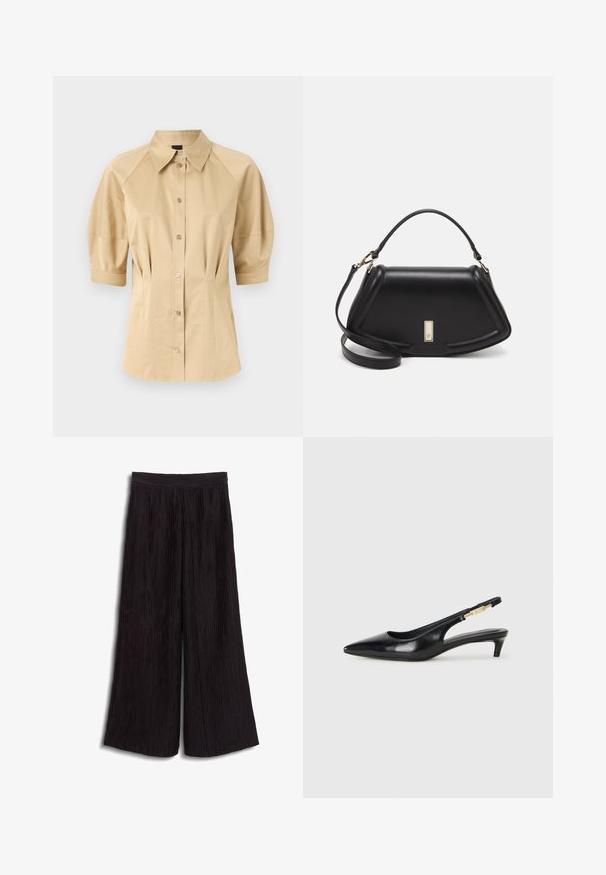 Beige button-up shirt with short puff sleeves, a spread collar, and seam detailing. Made of smooth fabric with front button closure.; Black wide-leg pants made from textured fabric with vertical pleats. Features a high waist and a fluid, loose fit.; Black leather slingback heels with a pointed toe, featuring a slim heel and a gold-tone accent on the adjustable strap. Smooth texture.; Black leather handbag with a structured design, featuring a cropped shape, top handle, and gold hardware accent. Adjustable shoulder strap included.
