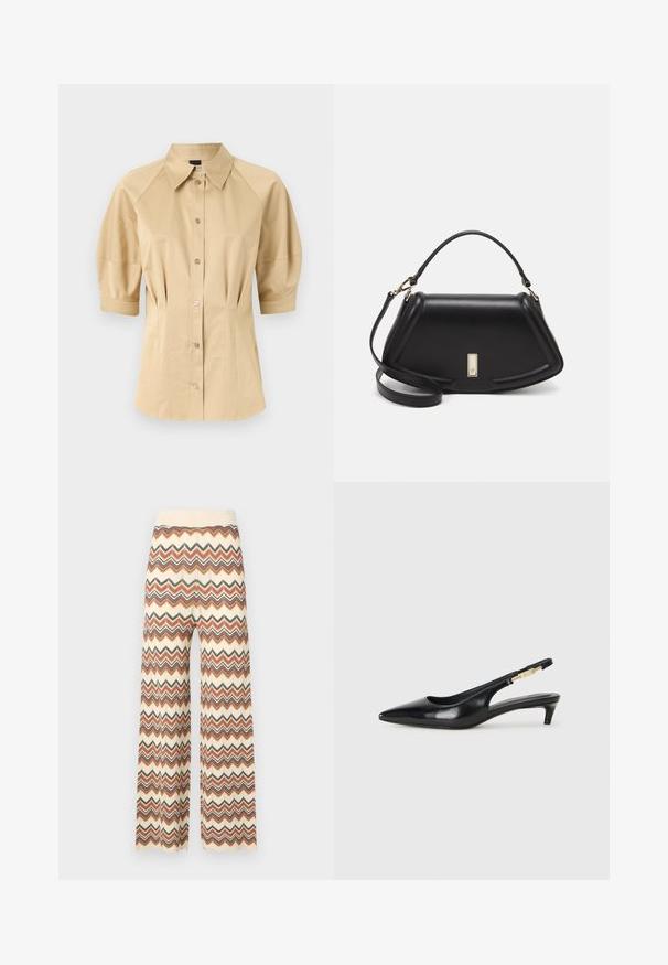 Beige Hemd mit kurzen Puffärmeln, einem breiten Kragen und Nahtdetails. Aus glattem Stoff gefertigt mit durchgehender Knopfleiste vorne.; Malina DITTE PANTS - Stoffhose - multi-coloured; Schwarze Leder-Slingback-Pumps mit spitzem Schuhblatt, ausgestattet mit einem schlanken Absatz und einem goldfarbigen Akzent am verstellbaren Riemen. Glatte Textur.; Schwarze Lederhandtasche mit einem strukturierten Design, das eine verkürzte Form, einen oberen Griff und goldfarbene Hardware-Details aufweist. Verstellbarer Schulterriemen ist enthalten.