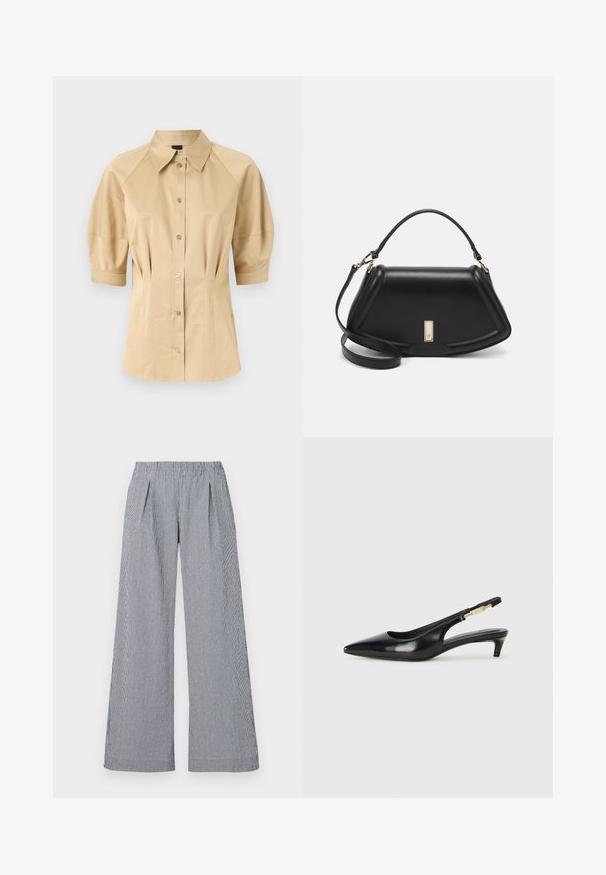 Beige button-up shirt with short puff sleeves, a spread collar, and seam detailing. Made of smooth fabric with front button closure.; Wide-leg trousers in Navy and white striped fabric. Features an elastic waistband and two front pleats for added detail.; Black leather slingback heels with a pointed toe, featuring a slim heel and a gold-tone accent on the adjustable strap. Smooth texture.; Black leather handbag with a structured design, featuring a cropped shape, top handle, and gold hardware accent. Adjustable shoulder strap included.