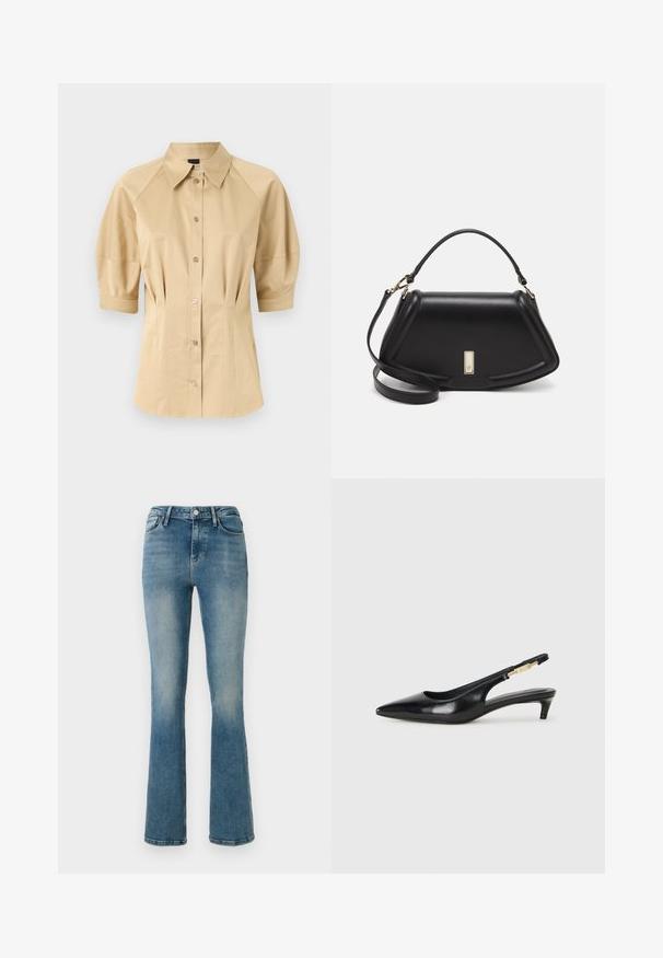 Beige button-up shirt with short puff sleeves, a spread collar, and seam detailing. Made of smooth fabric with front button closure.; Light blue denim flared jeans with five pockets, a high waist, and stitching details. The fabric shows a slightly faded wash and smooth texture.; Black leather slingback heels with a pointed toe, featuring a slim heel and a gold-tone accent on the adjustable strap. Smooth texture.; Black leather handbag with a structured design, featuring a cropped shape, top handle, and gold hardware accent. Adjustable shoulder strap included.