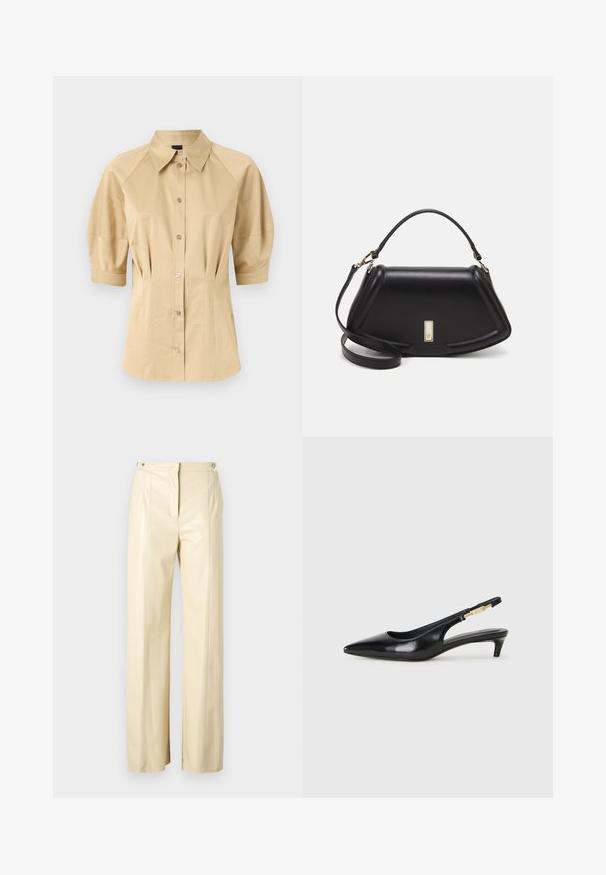 Cămașă bej cu mâneci scurte tip puff, guler amplu și detalii pe cusături. Fabricată dintr-un material neted, cu închidere frontală cu nasturi.; Pantaloni cu picioare largi din faux leather bej, având un front plat, două buzunare laterale și un talie înaltă cu un detaliu de curea discret.; Sandale slingback din piele neagră cu vârf ascuțit, având un toc subțire și un accent de culoare aurie pe curea ajustabilă. Textură netedă.; Geantă de umăr din piele neagră, cu un design structurat, având o formă tăiată, mânere superioare și accente din aur. Include o curea de umăr ajustabilă.
