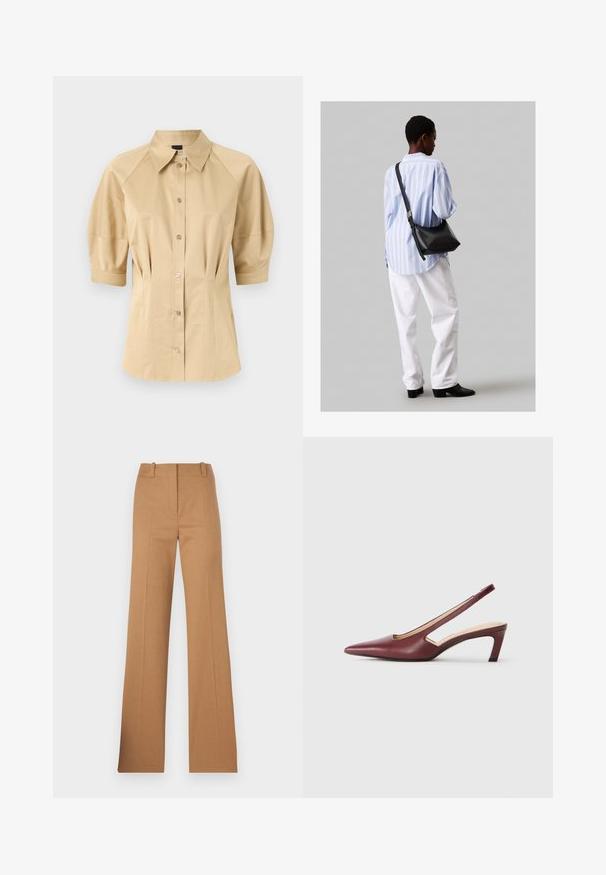 Bēša pogu krekls ar īsām pūkām, izplestu kaklu un šuvju detalizāciju. Izgatavots no gludas auduma ar priekšējo pogu aizdari.; HUGO HULANA - Chinos tipa bikses - open brown; Burgundijas krāsas slingback papēži ar norādītu purngalu, sānu izgriezumiem un vidēja auguma bloku papēdi. Gluda ādas apdare.; Melna ādas plecu soma ar mīkstu tekstūru, trīsstūra formu un regulējamu siksnu, apvienota ar gaiši zilu svītrotu krekli un baltām biksēm.