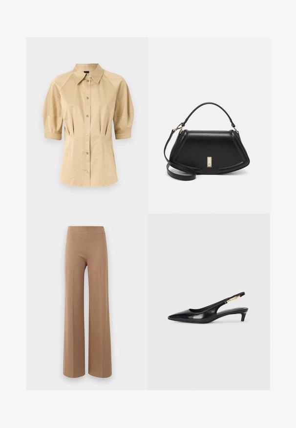Chemise beige à boutons avec des manches courtes bouffantes, un col évasé et des détails de couture. Fabriquée en tissu lisse avec une fermeture à boutons sur le devant.; Pantalons à jambes larges en tissu extensible beige clair avec une texture lisse et une taille haute élastique. Pas de fermeture ni de poches visibles.; Talons hauts en cuir noir avec un bout pointu, dotés d'un talon fin et d'un accent en ton or sur la lanière réglable. Texture lisse.; Sac à main en cuir noir avec un design structuré, featuring une forme cropped, une poignée supérieure et des accents en matériel doré. Bandoulière réglable incluse.