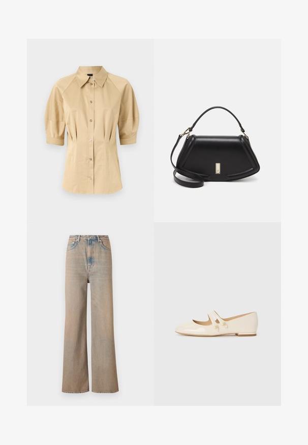 Beige button-up shirt with short puff sleeves, a spread collar, and seam detailing. Made of smooth fabric with front button closure.; Light wash wide-leg jeans with a high waist, made of denim. Features subtle stitching and five pockets, with a slightly faded texture.; Ivory patent leather ballet flats with two decorative straps and gold buttons, featuring a rounded toe and low block heel.; Black leather handbag with a structured design, featuring a cropped shape, top handle, and gold hardware accent. Adjustable shoulder strap included.