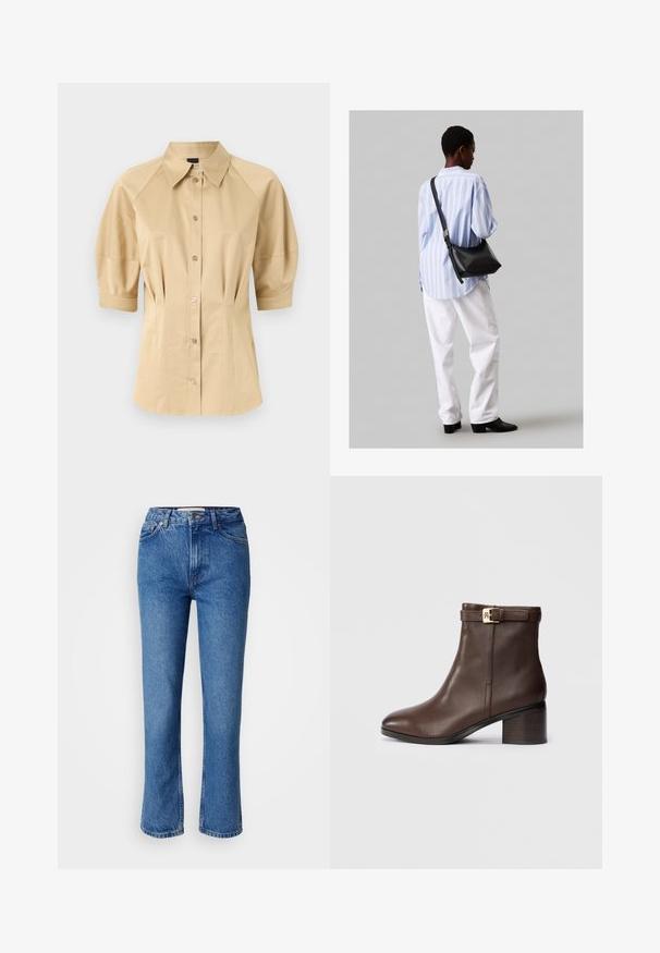 Μπεζ πουκάμισο με κοντά φουσκωτά μανίκια, ανοιχτό γιακά και ραφές. Κατασκευασμένο από μαλακό ύφασμα με κλείσιμο μπροστά με κουμπιά.; Μπλε τζιν παντελόνι με κανονική γραμμή, που διαθέτει κλασικό σχέδιο πέντε τσέπης, πορτοκαλί ραφή και κλείσιμο με κουμπί.; Καφέ δερμάτινο μποτάκι μέχρι τον αστράγαλο με στρογγυλή μύτη, χαμηλό τακούνι τύπου block και διακοσμητική αλυσίδα στον αστράγαλο. Λείος υφασμάτινος χαρακτήρας και κομψό σχέδιο.; Μαύρη δερμάτινη τσάντα ώμου με απαλή υφή, τριγωνικό σχήμα και ρυθμιζόμενο λουρί, συνδυασμένη με ένα ανοιχτό μπλε ριγέ πουκάμισο και λευκό παντελόνι.