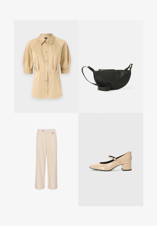 Beige skjorte med knaplukning, korte puffærmer, spredt krave og sømdetaljer. Lavet af glat stof med frontknaplukning.; Beige vide bukser med flad front, to sidelommer, knaplukning og plisserede detaljer for ekstra tekstur og design.; Beige patenterede lædersko i Mary Jane-stil med en falsk tå, en spænde rem og en mellemhøj blokhæl. Glat tekstur med en blank finish.; Sort læder crossover taske med halvmåneform, tekstureret overflade, guld lynlås og en flad rem. Kompakt design, der er velegnet til det mest nødvendige.