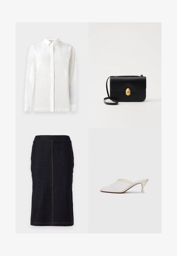 Cămașă albă cu mânecă lungă, cu guler cu nasturi, textură netedă, croială dreaptă și placket ascuns. Material moale, ușor, fără modele.; Fustă creion din denim de culoare albastru închis, cu un croi drept și slituri laterale, având cusături contrastante de culoare portocalie de-a lungul cusăturilor. Betelie elastică pentru confort.; Mule alb cu plasă, cu vârf ascuțit, toc subțire de înălțime medie și design slip-on, pe un fundal simplu.; Geantă de mână din piele neagră, cu o formă rectangulară structurată. Are un capac oval auriu și o curea subțire pentru umăr. Textură netedă.