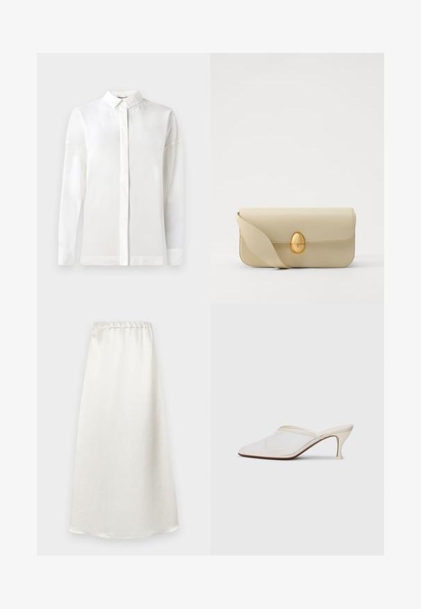 Chemise blanche à manches longues avec un col boutonné, texture lisse, coupe droite et patte de boutonnage cachée. Tissu doux et léger sans motifs.; Jupe blanche longueur cheville en tissu lisse et léger, avec une taille froncée et une finition texturée subtile.; Mule blanches en mesh avec un bout pointu, un talon moyen élancé et un design à enfiler, sur un fond uni.; Sac à main en cuir beige avec une texture lisse, de forme rectangulaire et un fermoir ovale doré. Il dispose d'une longue bandoulière réglable.