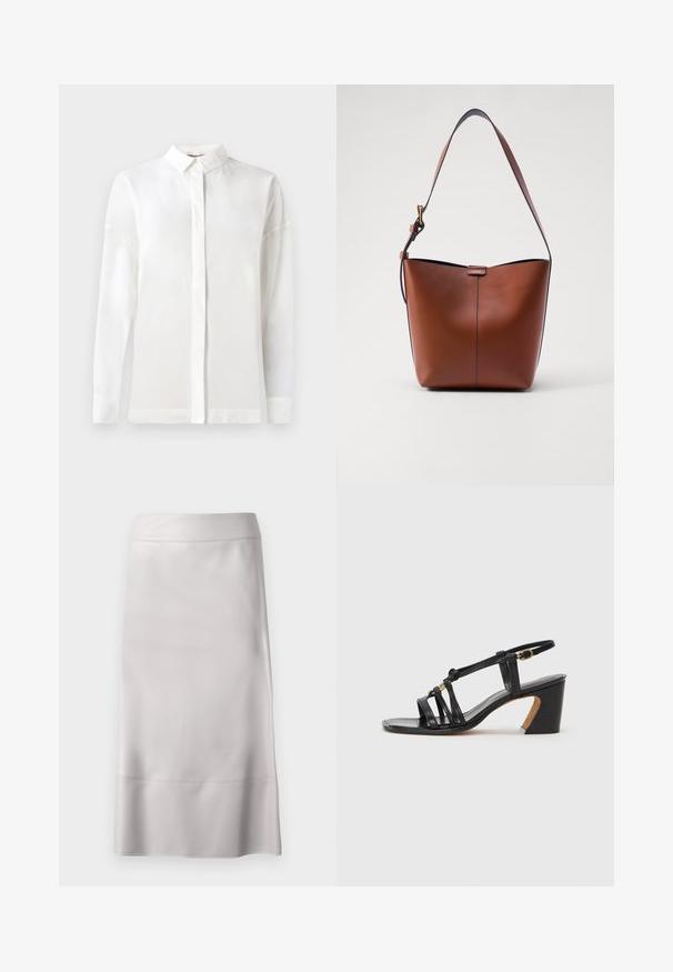 Balts garais piedurkņu krekls ar pogātu apkakli, gluda tekstūra, taisna piegriezuma un slēptu pogu aizdari. Mīksts, viegls audums bez rakstiem.; Gai pelēks zīmulis svārki, izgatavoti no gludas auduma, ar šauru piegriezumu, tīrām līnijām un ceļa garumu ar smalku šuvju detaļu.; Paul Smith AMIRA - Klasiski papēži - black; Brūna ādas plecu soma ar izliekta formu, gludu tekstūru un vienu plānu siksnu. Iekļauj subtilu šuvumu un mazu logotipa detaļu.