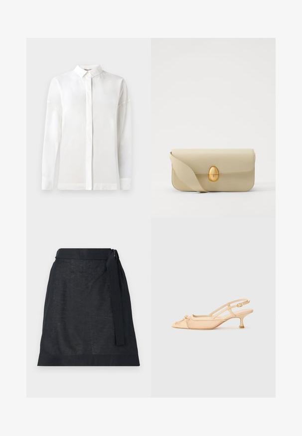 Weißes Langarmhemd mit Knopfleiste, glatter Textur, geradem Schnitt und verdeckter Knopfleiste. Weicher, leichter Stoff ohne Muster.; Dunkelbrachter Leinenwickelrock mit geradem Schnitt, versehen mit einem Taillengürtel und feiner Textur. Keine sichtbaren Muster oder Metallteile.; Stuart Weitzman KITTY - Pumps - beige/barely beige; Beige Lederhandtasche mit glatter Textur, rechteckiger Form und einem goldenen ovalen Verschluss. Verfügt über einen langen, verstellbaren Trageriemen.