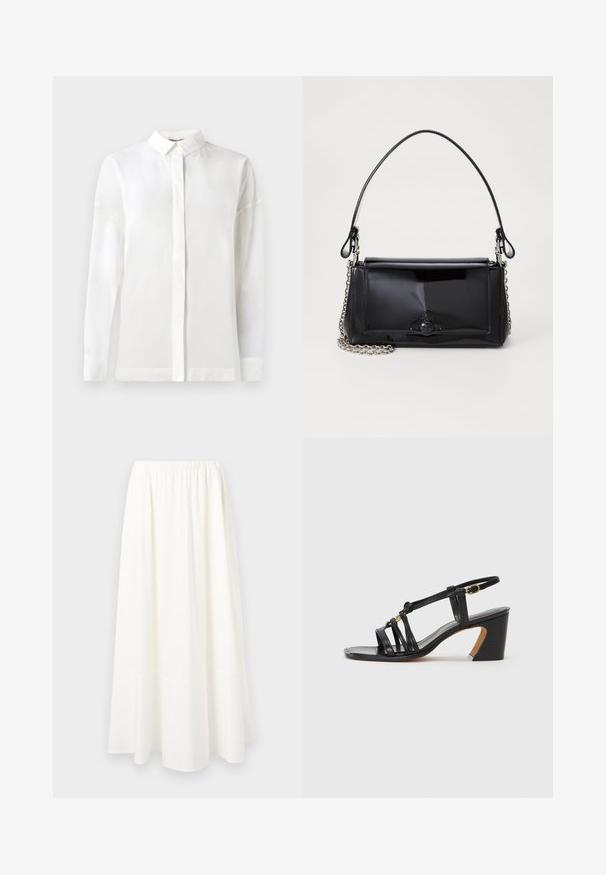 Cămașă albă cu mânecă lungă, cu guler cu nasturi, textură netedă, croială dreaptă și placket ascuns. Material moale, ușor, fără modele.; Fustă albă, lungime până la glezne, dintr-un material ușor, cu un brâu elastic gathered și un tiv evazat, având o textură fină.; Paul Smith AMIRA - Pantofi clasici cu toc - black; Geantă din piele patent neagră, cu o formă rectangulară, mânere din lanț și un accent distinctiv din metal în centru. Textură netedă.