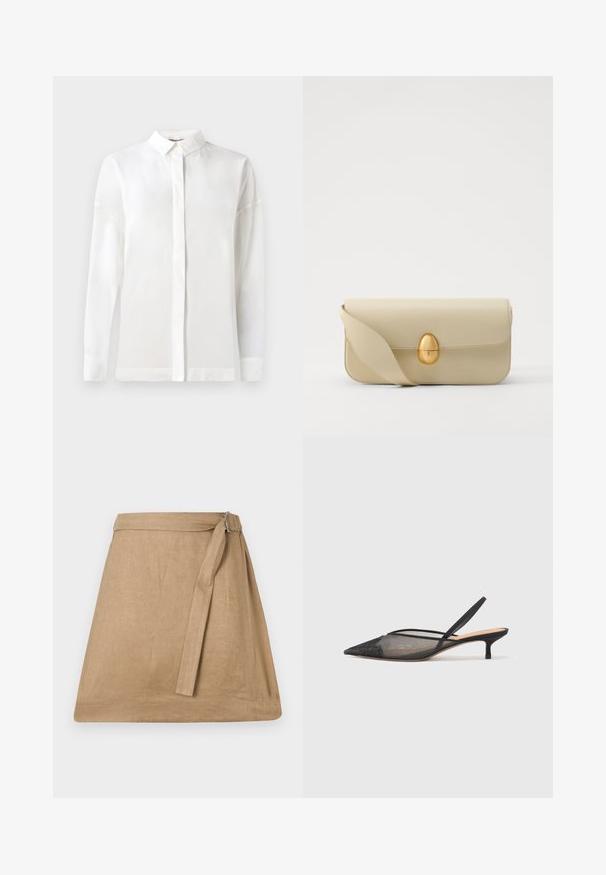Chemise blanche à manches longues avec un col boutonné, texture lisse, coupe droite et patte de boutonnage cachée. Tissu doux et léger sans motifs.; Jupe en lin beige, avec une légère forme évasée, dotée d'un lien sur le côté et d'un détail de boucle, texture lisse et ourlet net.; NEOUS IRENA - Escarpins - black; Sac à main en cuir beige avec une texture lisse, de forme rectangulaire et un fermoir ovale doré. Il dispose d'une longue bandoulière réglable.