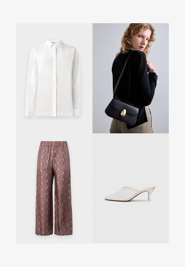 White long-sleeve shirt with a buttoned collar, smooth texture, straight cut, and hidden placket. Soft, lightweight fabric with no patterns.; MM BOA - Trousers - mauve; White mesh pointed-toe mule with a slim mid-height heel and slip-on design against a plain background.; Black leather handbag with a curved shape, featuring a prominent gold oval clasp, adjustable strap, and minimalistic design.