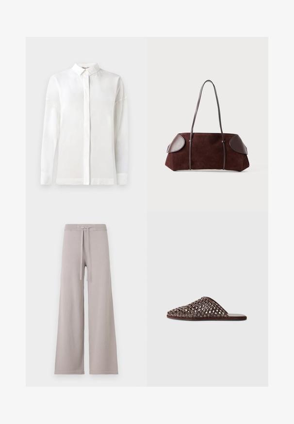 White long-sleeve shirt with a buttoned collar, smooth texture, straight cut, and hidden placket. Soft, lightweight fabric with no patterns.; Light gray, wide-leg sweatpants in soft fabric. Features a ribbed waistband with a drawstring, and subtle stitching at the hem.; Brown woven slide sandal with a rounded toe, open design, flat sole, and textured surface. Lightweight material and minimalist silhouette.; Brown suede bag with leather accents, structured shape, dual shoulder straps, and rounded edges, featuring a smooth texture and minimal hardware.