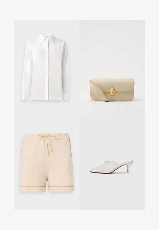 Biała koszula z długim rękawem i zapięciem na guziki, gładka w dotyku, o prostym kroju i z ukrytą listwą guzikową. Miękka, lekka tkanina bez wzorów.; Beżowe szorty bawełniane z elastycznym paskiem i sznurkiem do regulacji. Posiadają kontrastowe przeszycia wzdłuż dołu i boków.; Białe melanżowe mule z ostro zakończonym noskiem, o smukłym średnim obcasie i wsuwanej konstrukcji na jednolitym tle.; Beżowa skórzana torebka o gładkiej fakturze, prostokątnym kształcie i złotym, owalnym zapięciu. Posiada długi, regulowany pasek.