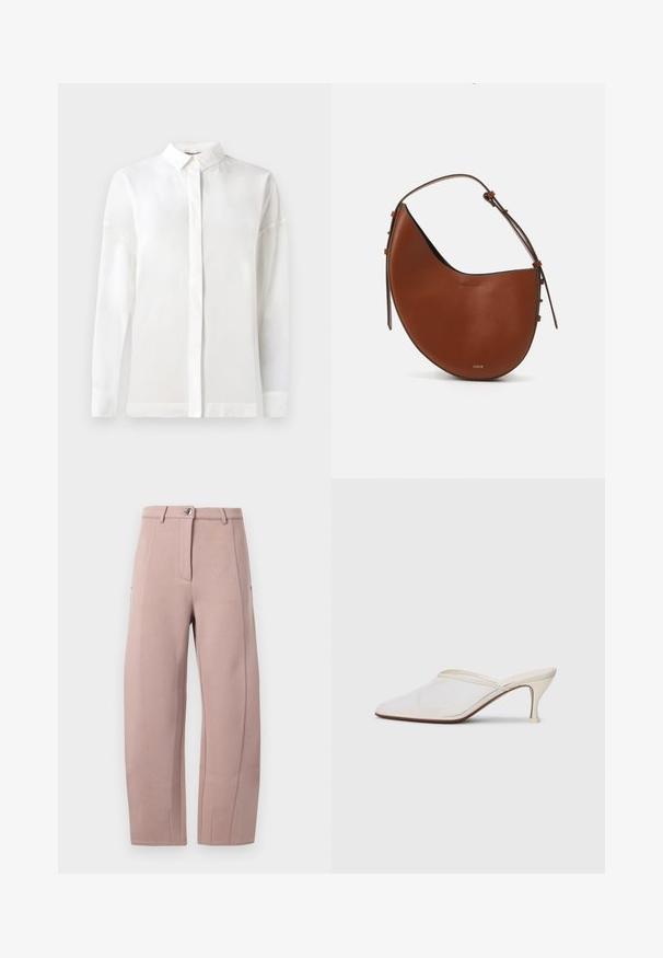 Biela košeľa s dlhým rukávom a gombíkovým golierom, hladká textúra, rovný strih a skrytá léga. Mäkko, ľahký materiál bez vzorov.; Nohavice z jemnej, svetloružovej tkaniny so strvývým strihom, s predným zipsom, s gombíkovým zapínaním a bočnými vreckami. Hladká textúra s detailmi švov.; Biele sieťované lodičky s špicatou špičkou, s úzkym stredne vysokým podpätkom a bez zapínania, na jednobodovom pozadí.; Hnedá kožená taška na rameno v mesiaci tvaru, s úzkym hnedým popruhom a subtílnymi zlatými kovovými akcentmi. Má hladkú štruktúru a minimálne šitie.